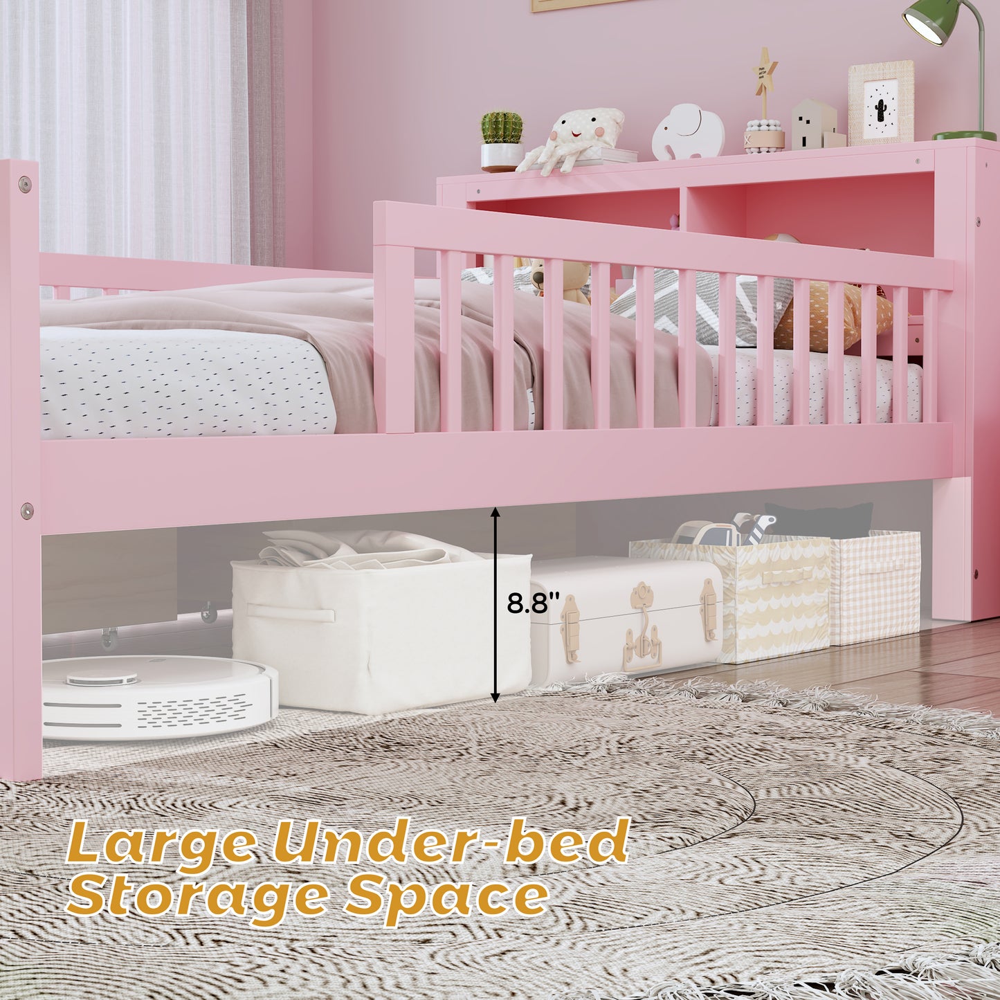 Twin Bed Frame for Kids, SHINPT Twin Size Bed Frame with Headboard Storage Rack, Storage Bed Frame with Two Under-Bed Drawers, Bed for Kids with three-Side Guardrails, White, Pink, Gray, Walnut