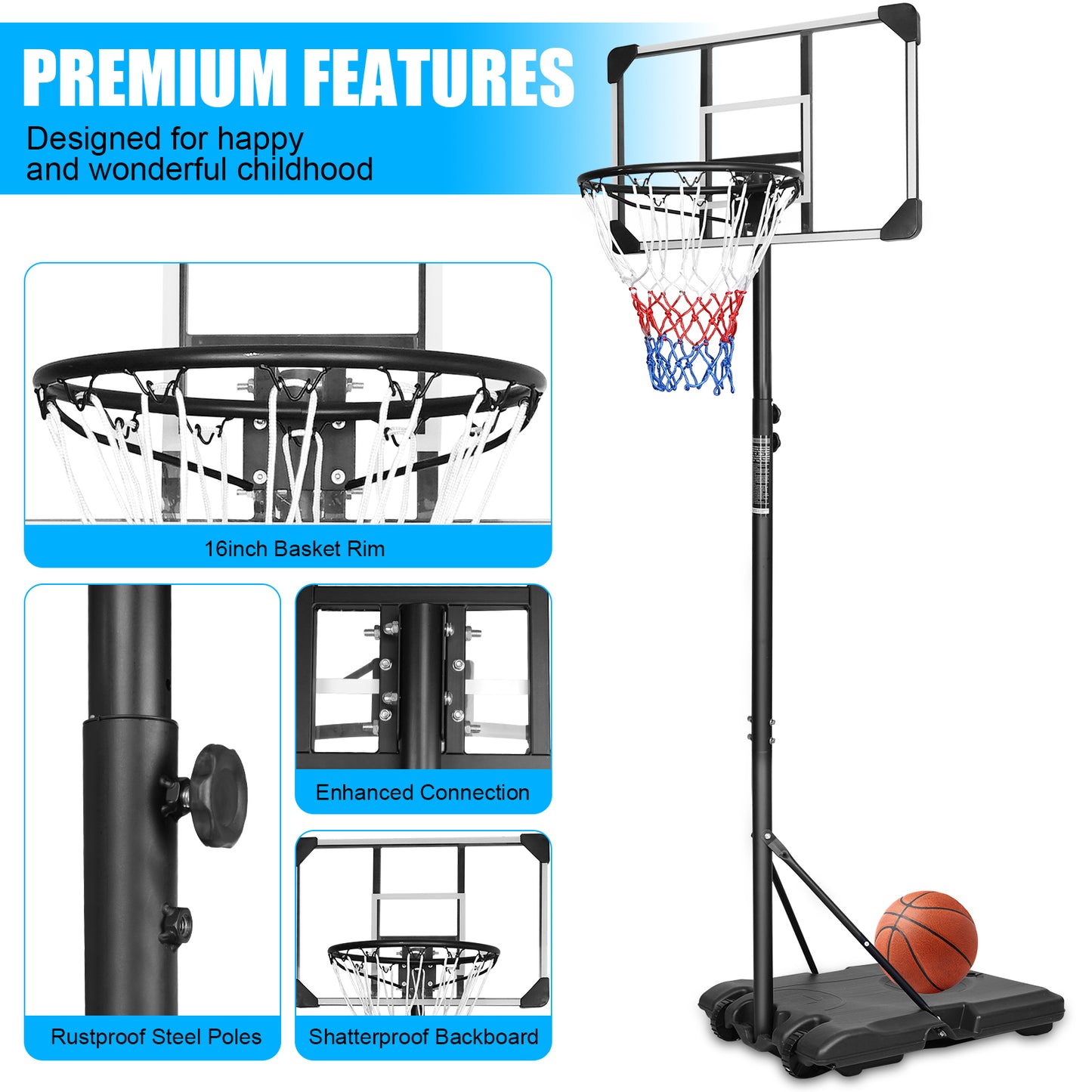 5.6FT-7FT Adjustable Basketball Hoop for Kids, SHINPT Portable Basketball Hoop Outdoor, Indoor&Outdoor Basketball Hoop with 28 Inch Backboard, Basketball Equipment with Stable Base and Wheels