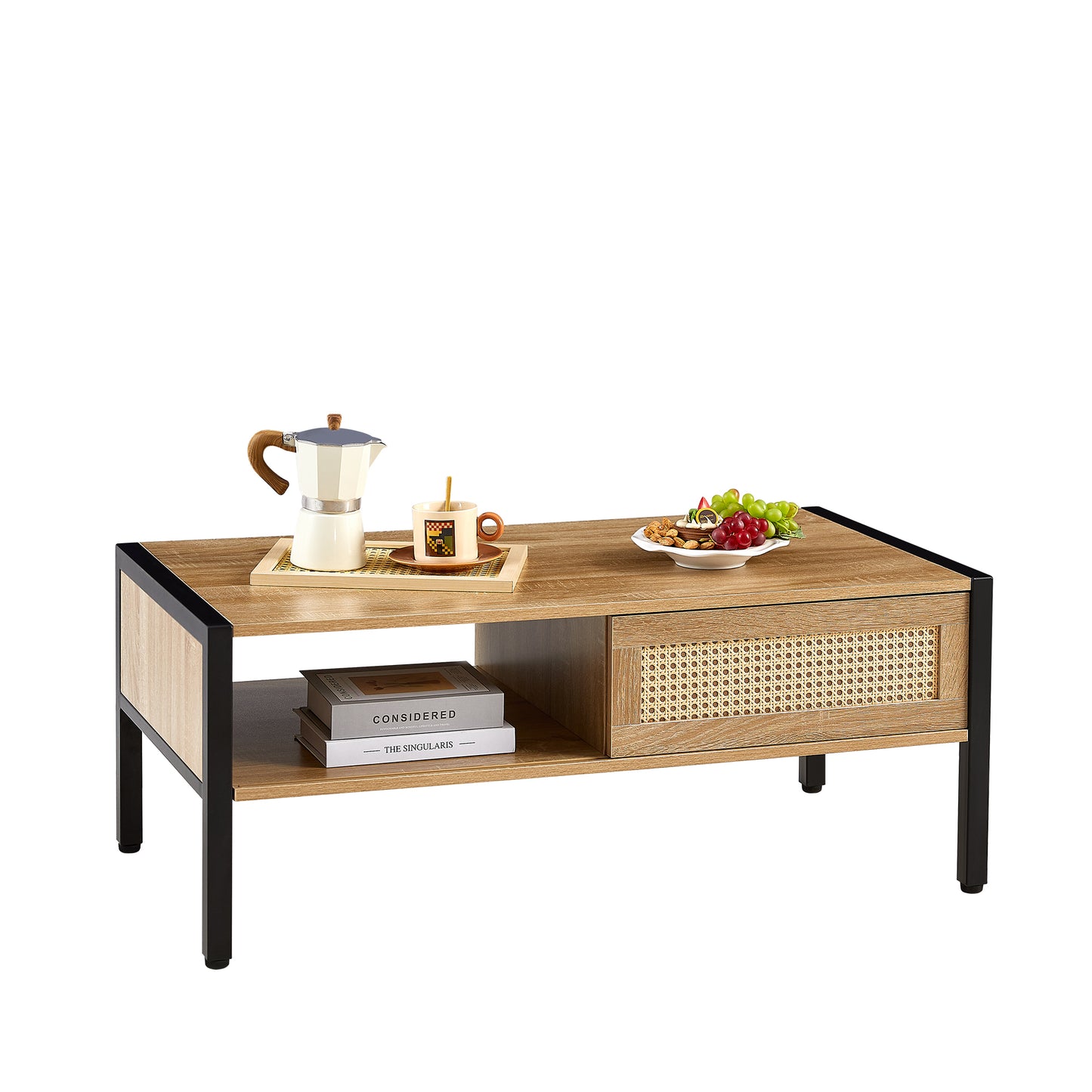 Rattan Coffee table with Metal Legs, SHINPT Mid Century Modern Coffee Table, Small Coffee Table Sliding Door for Storage, Couch Desk for Livingroom, Office Areas, Floor Table, Apartment Furniture