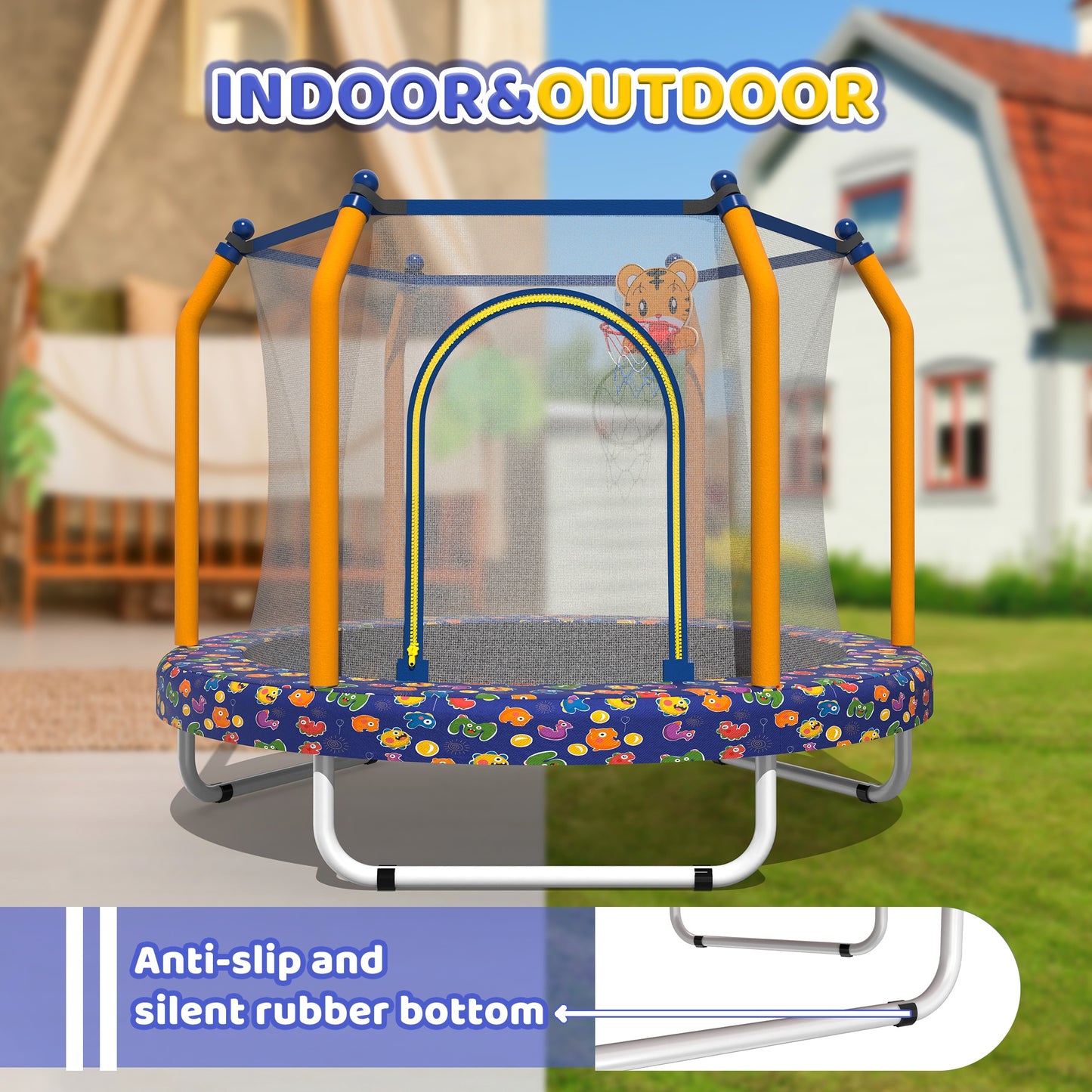 55" Toddler Trampoline Indoor/Outdoor for Kids, Shinpt Mini Trampoline for Backyard, Recreational Trampoline with Basketball Hoop, Outdoor Toddler Toy with Enclosure Net, Indoor Bounce House for Gift