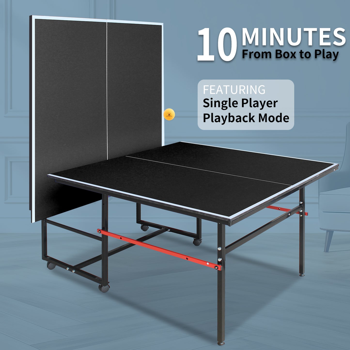 8FT Mid-Size Table Tennis Table, SHINPT Outdoor Table Tennis Table with 2 Table Tennis Paddles and 3 Balls, Foldable Ping Pong Table for Game room, Apartment, Office, Outside Games for Adults, Family