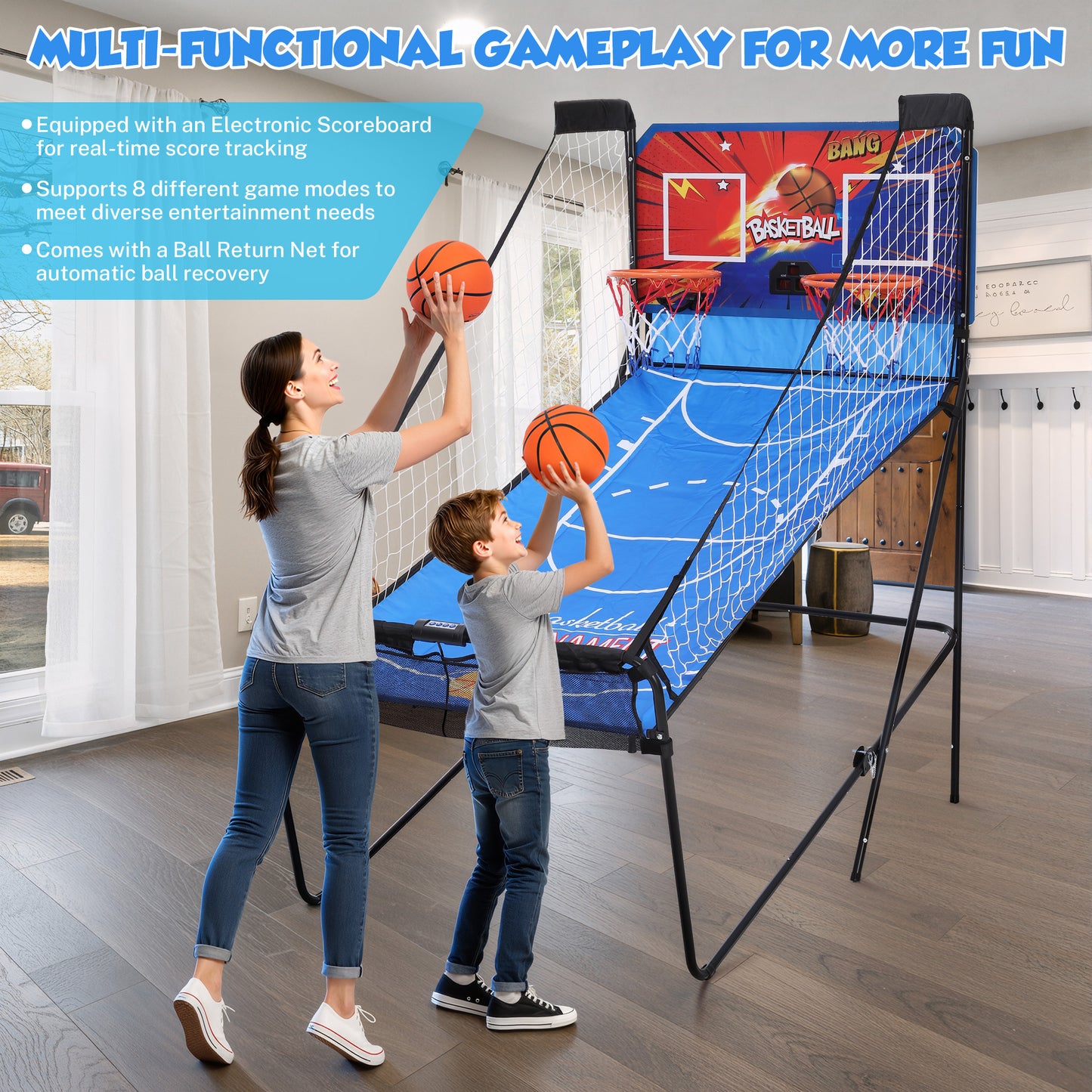 Arcade Basketball Game Indoor, SHINPT Indoor Basketball Hoop for Adults and Kids, Basketball Arcade Game with Steel Frame and Backboard, Arcade Game for Home with 6 Basketballs for Basement, Gameroom