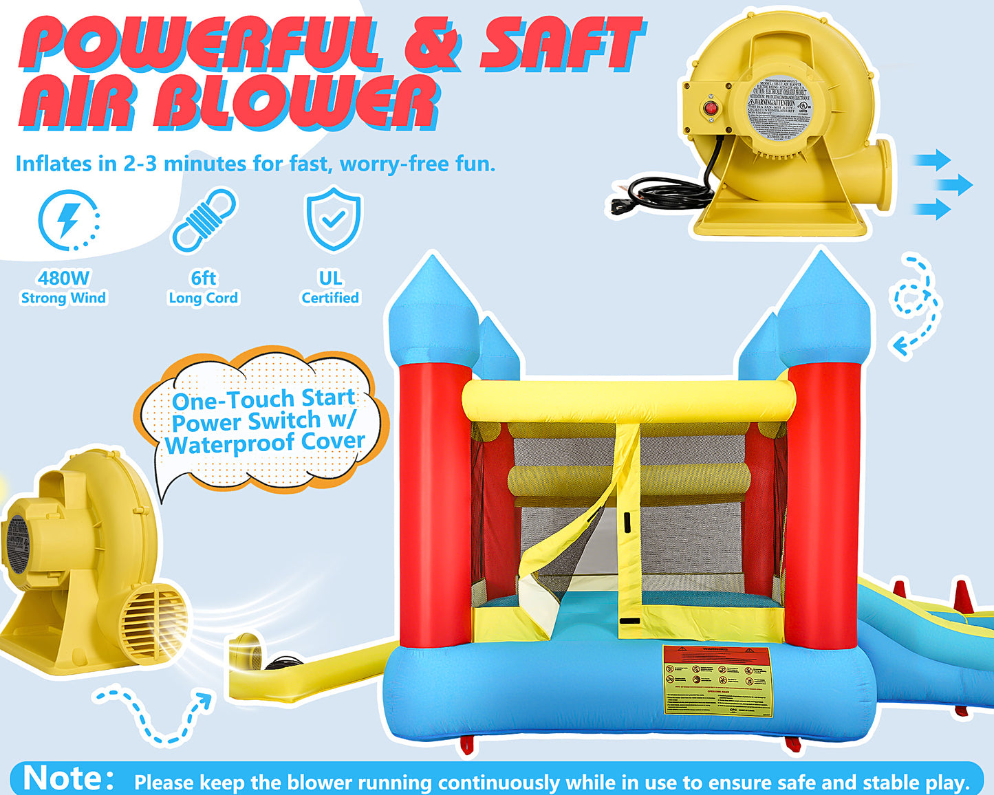 Inflatable Bounce House for Kids, Water Bounce House w/480W Air Blower, Indoor Outdoor Bouncy Castle Jump House w/Slide, Crawl-Thru Door & Net, Dartboard, Basketball Hoop, Football Goal