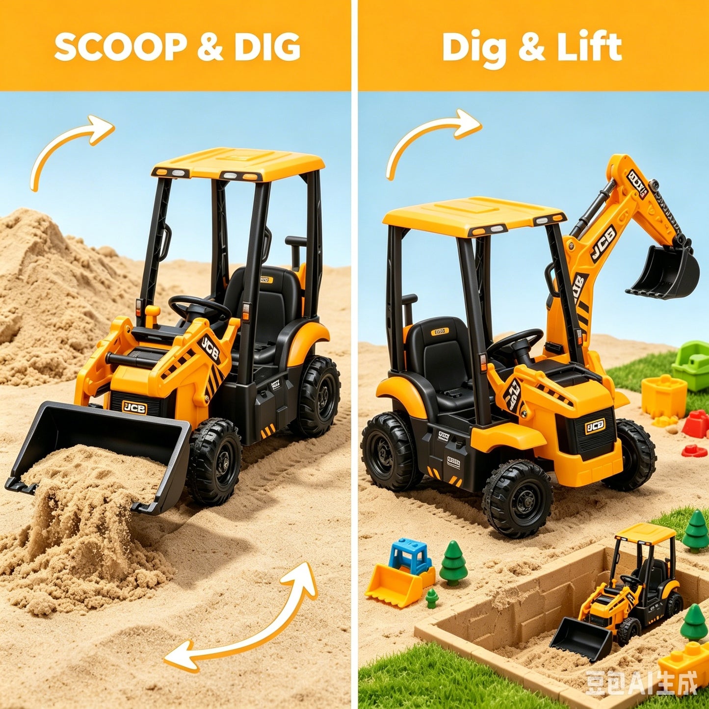 Ride on Excavator, JCB, Realistic 2-in-1 Construction, SHINPT Toddler Excavator, Shovel & Digger, Electric Ride on Toy, 12V Battery Powered, Remote Control, Yellow, for Toddlers Boys 3-5 Years Old