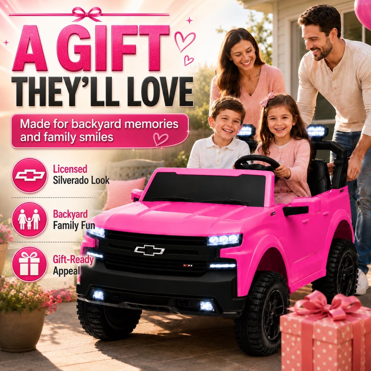 SHINPT 24V Ride on Car, Chevrolet Silverado Licensed, 2 Seater Electric Truck for Kids, Remote Control, 3-Speed, Safety Belt, Bluetooth Music, LED Headlights, Battery Power, Ages 3+, 46.30lbs, Pink