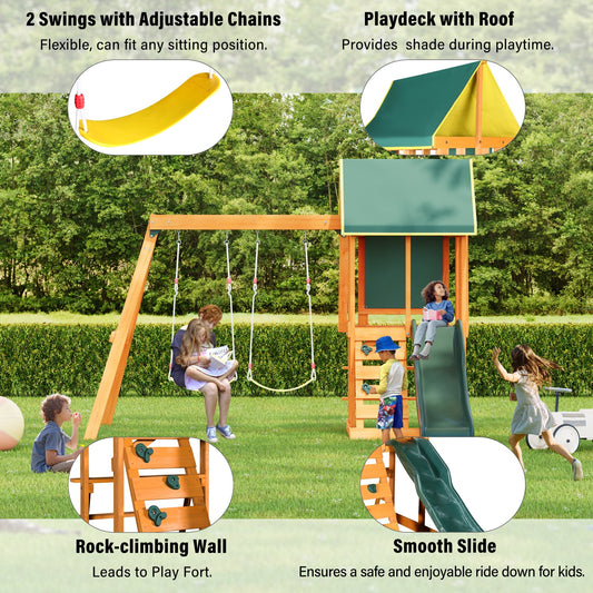 Wooden Outdoor Swing Set, All-in-One Kids Outdoor Play Equipment for Kids Age 3-12 with Wave Slide, 2 Swings, Climbing Wall, Canopy Roof and Ladder, Kids Playground for Backyard, Garden, Park, Green