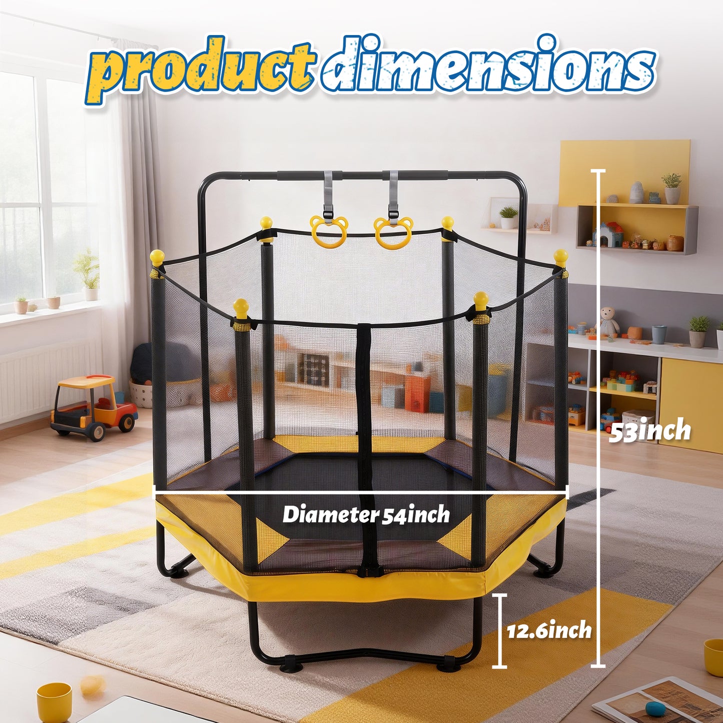 54in Mini Trampoline for Kids, SHINPT Toddler Trampoline Indoor/Outdoor, Kids Trampoline for Toddlers with Basketball Hoop, Recreational Trampoline with Gymnastics Bar, Indoor Trampoline for Toddlers