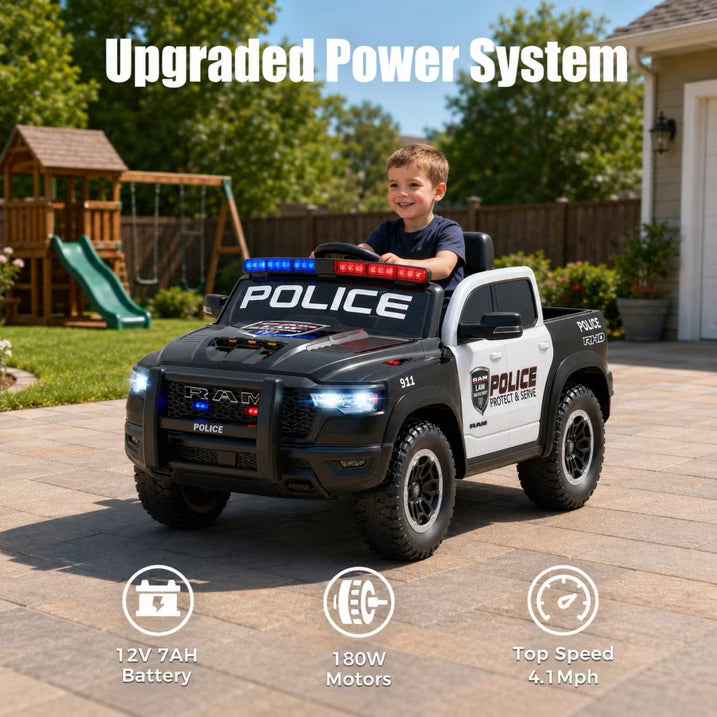 SHINPT Police Car Ride on, RAM1500 RHO Kids Electric Police Car with Parent Remote Control, 12V Powered Toddler Ride on Toy with Siren Lights, Single Seat, 1-3MPH Safe Speed for Boys Girls Ages 3-8
