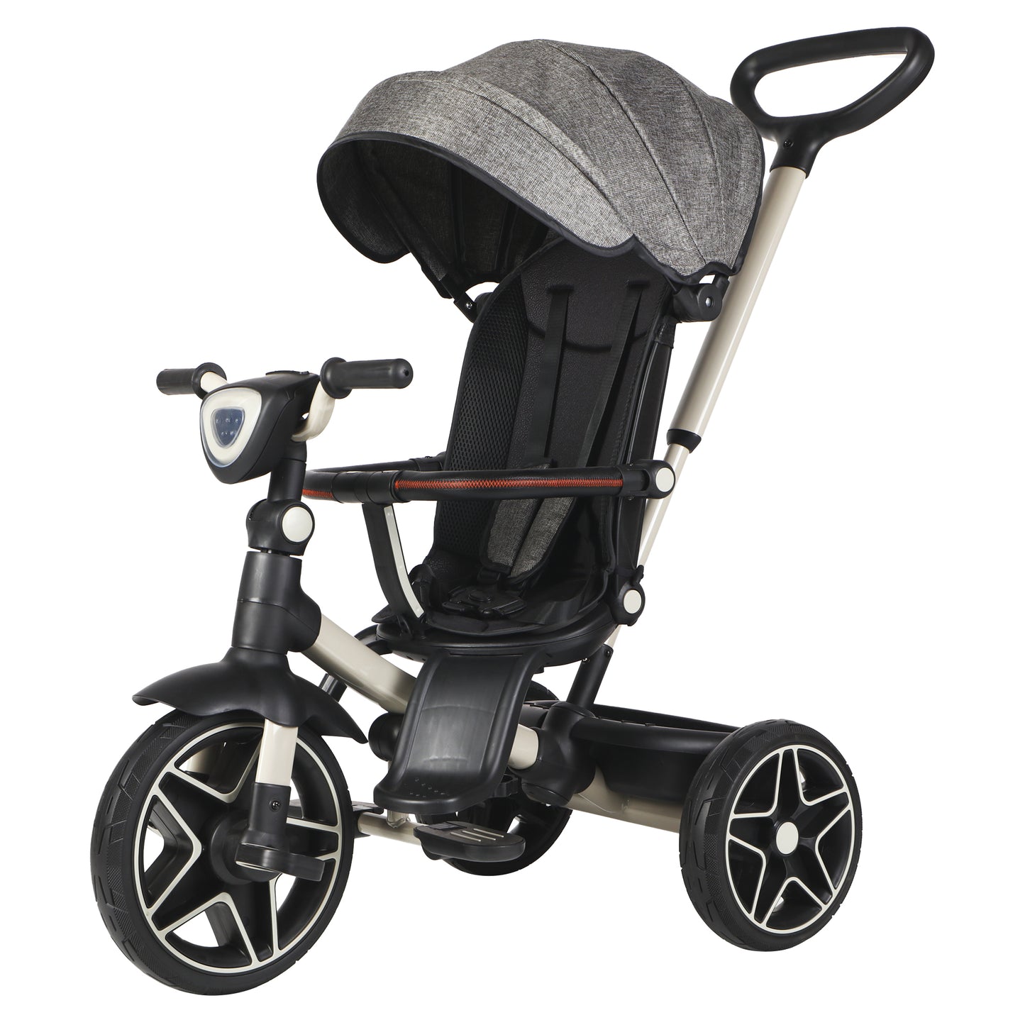 Shinpt 6 in 1 Kids' Baby Tricycle Stroller with 360°Rotatable Seat, Retractable Canopy, Adjustable Push Handle, Detachable Guardrail, and Rear Basket for Toddlers 18 Months to 6 Years，Pink