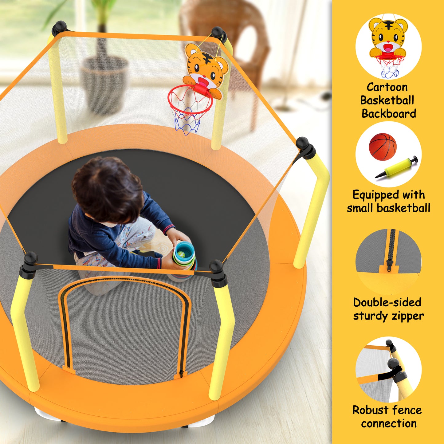 SHINPT 55" Kids Trampoline With Basketball Hoop – Indoor/Outdoor Toddler Trampoline Featuring Safety Handle, Durable PP Mat, And Adjustable Basketball Hoop For Backyard, Patio, Garden
