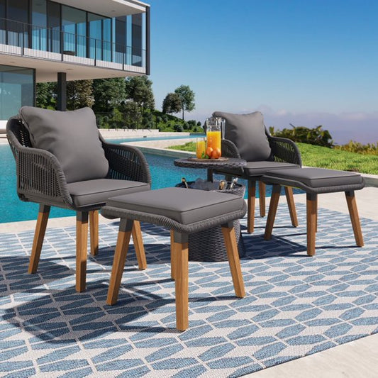 5 Piece BTMWAY Patio Furniture Chair Sets, Patio Conversation Set with 2 Ottomans and Wicker Cooler Bar Table, Outdoor Furniture Bistro Sets for Porch,Backyard