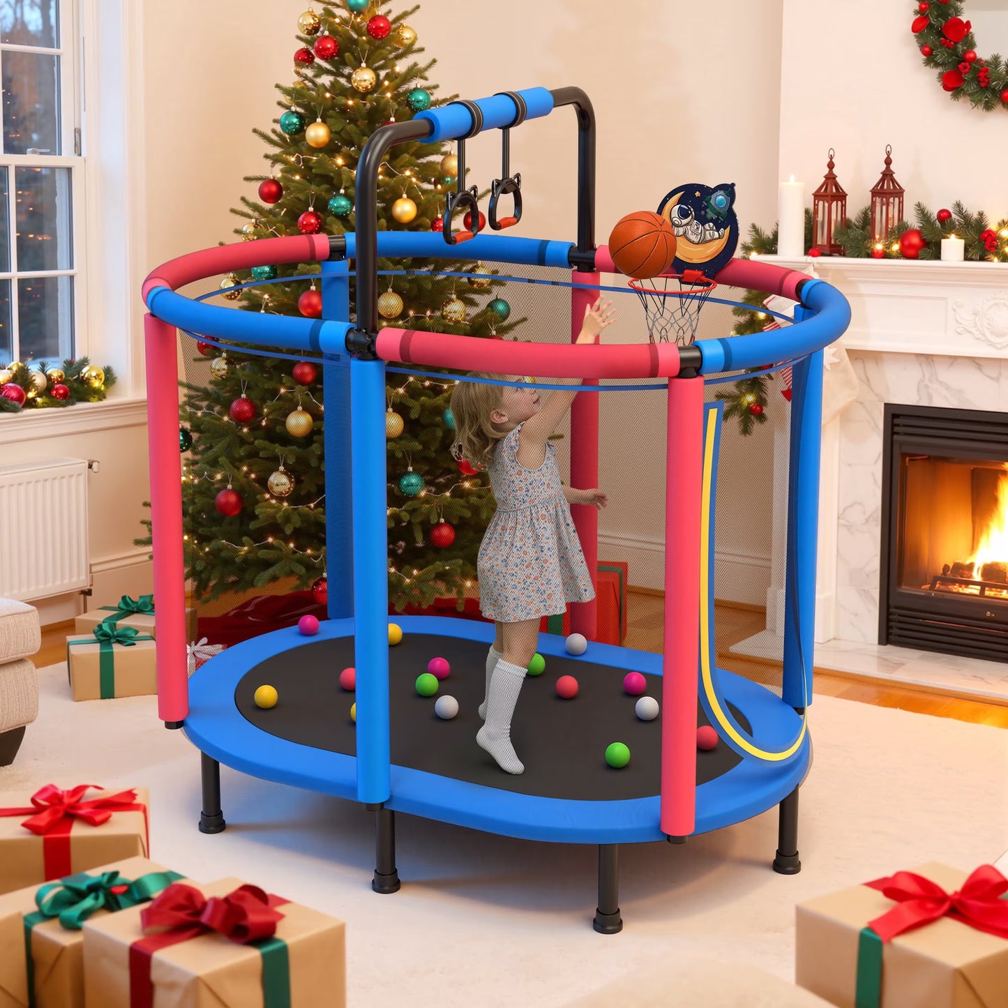 Toddler Trampoline with Enclosure, 60" Kids Trampoline with Net, SHINPT Indoor Trampoline for kids, Small Trampoline with Basketball Hoop, Mini Trampoline with Net, Gift for Boys Girls, Ages 3+