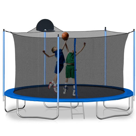 14FT Outdoor Trampoline with 5 Legs & 10 Poles, Shinpt Heavy Duty Backyard Metal Trampoline for Kids & Adults, Trampoline with Safe Padded, Enclosure Net and Ladder