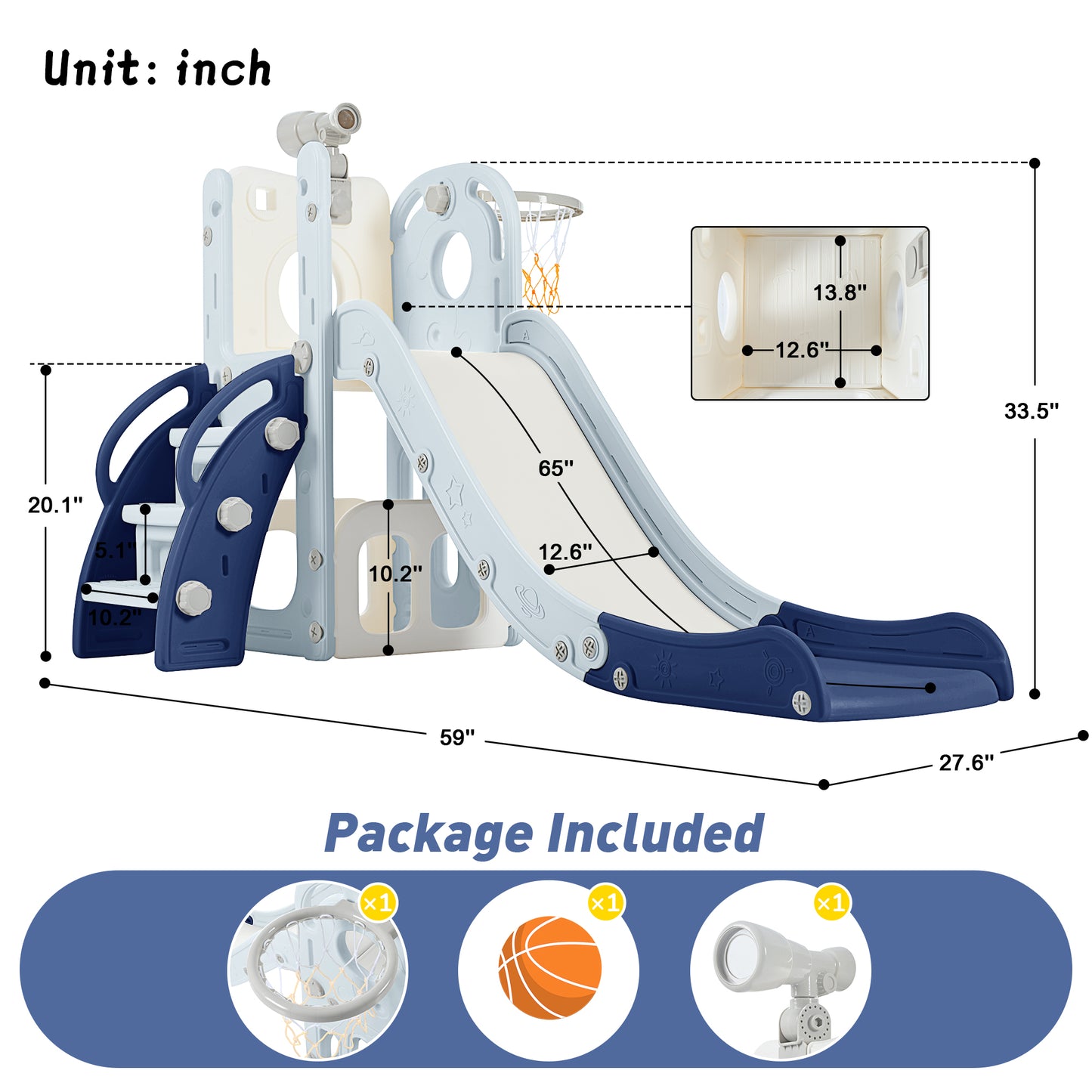 5 in 1 Toddler Slide Set, Freestanding Spaceship Set with Slide, Kids Slide Playset Structure, Telescope and Basketball Hoop, Toy Storage Space