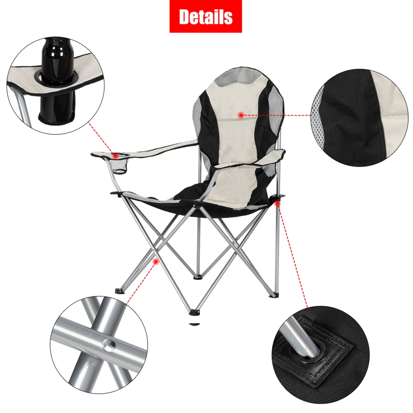 SHINPT Medium Camping Chair with Cooling Mesh Back Support 300 LBS, Portable Folding Chair with Durable Armrests and Drink Holder for Outside Beach,Lawn,Fishing, Black Gray