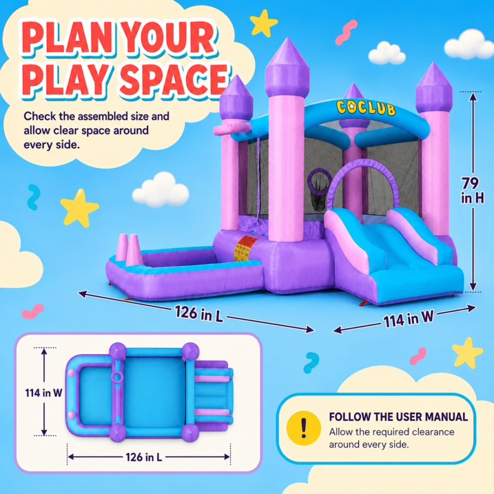 SHINPT Inflatable Bounce House for Kids, 6-in-1 Bounce House w/480W Air Blower, Indoor Outdoor Bouncy Castle Jump House w/Slide, Crawl-Thru Door & Net, Dartboard, Basketball Hoop, Football Goal