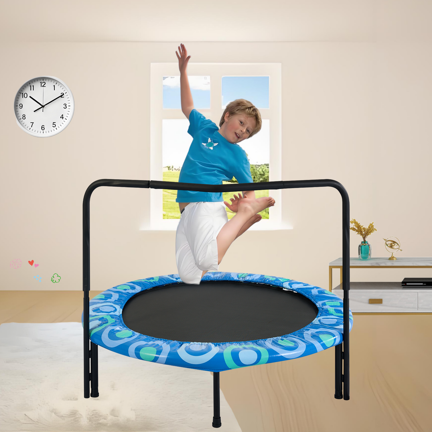 48" Mini Trampoline for Kids Ages 3-7, Foldable Kids Trampoline with Foam Handle for Indoor & Outdoor, SHINPT Trampoline for Boys&Girls, Blue Rebounder Exercise Trampoline for Backyard, Patio