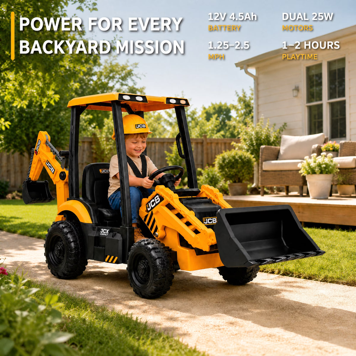 SHINPT Ride on Excavator, JCB, Realistic 2-in-1 Construction,  Toddler Excavator, Shovel & Digger, Electric Ride on Toy, 12V Battery Powered, Remote Control, Yellow, for Toddlers Boys 3-5 Years Old