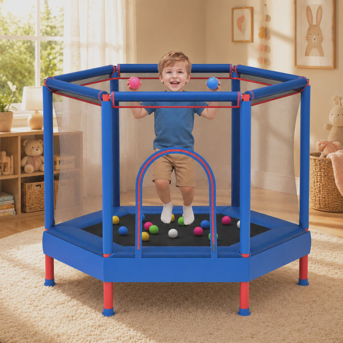 SHINPT 55" Toddler Trampoline with Safety Net, Kids Trampoline for Toddlers with No Gap Design, Indoor Trampoline for Kids Room, Livingroom, Mini Trampoline for Kids 3-8, Best Gift with Ocean Balls