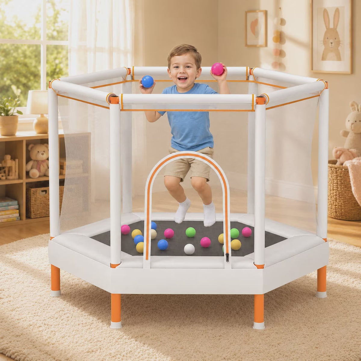 SHINPT 55" Toddler Trampoline with Safety Net, Kids Trampoline for Toddlers with No Gap Design, Indoor Trampoline for Kids Room, Livingroom, Mini Trampoline for Kids 3-8, Best Gift with Ocean Balls
