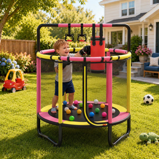 55" Toddler Trampoline for Kids, Indoor Kids Trampoline with Gym Bar, Punching Bag, Rings, Ball Pit, Indoor Trampoline for Kids with Net, Mini Trampoline for Kids Ages 3–6, 110lbs Capacity, Pink