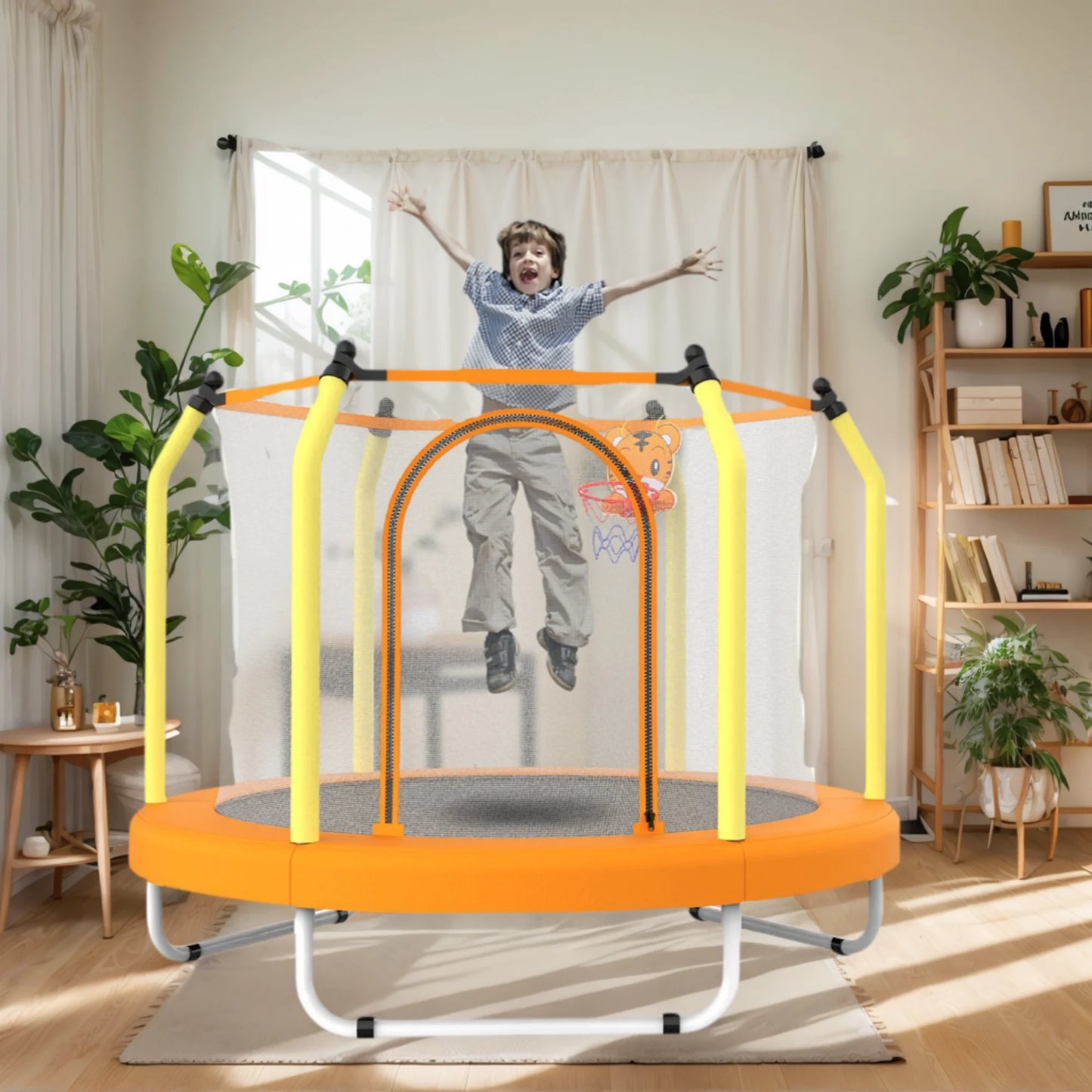 55" Toddler Trampoline with Enclosure Net, SHINPT Mini Trampoline for Kids with Basketball Hoop, Round Recreational Tranpolines for Birthday Gifts, for Boys Girls Aged 3-6, Indoor/Outdoor