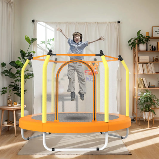 55" Toddler Trampoline with Enclosure Net, SHINPT Mini Trampoline for Kids with Basketball Hoop, Round Recreational Tranpolines for Birthday Gifts, for Boys Girls Aged 3-6, Indoor/Outdoor