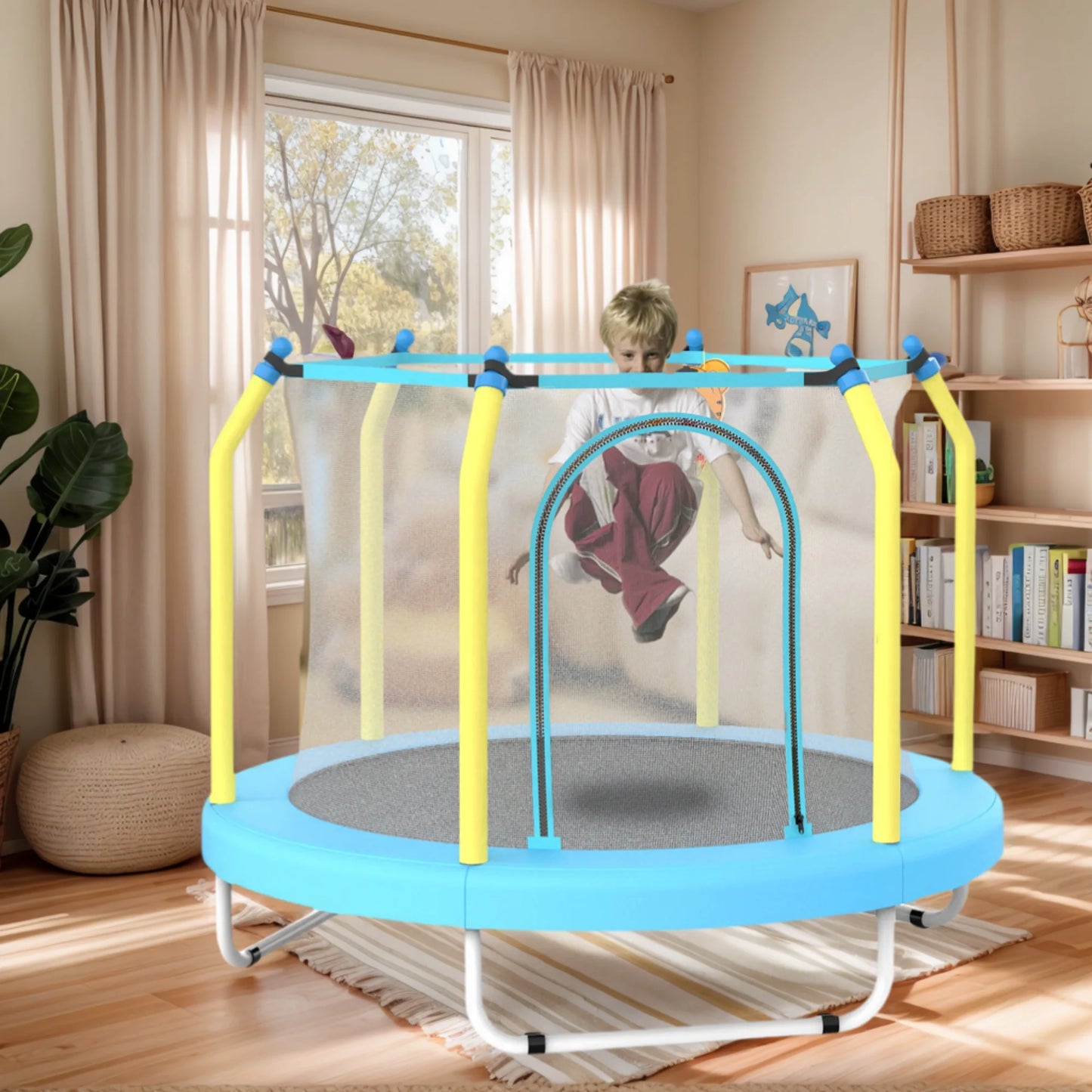 55" Toddler Trampoline with Enclosure Net, SHINPT Mini Trampoline for Kids with Basketball Hoop, Round Recreational Tranpolines for Birthday Gifts, for Boys Girls Aged 3-6, Indoor/Outdoor