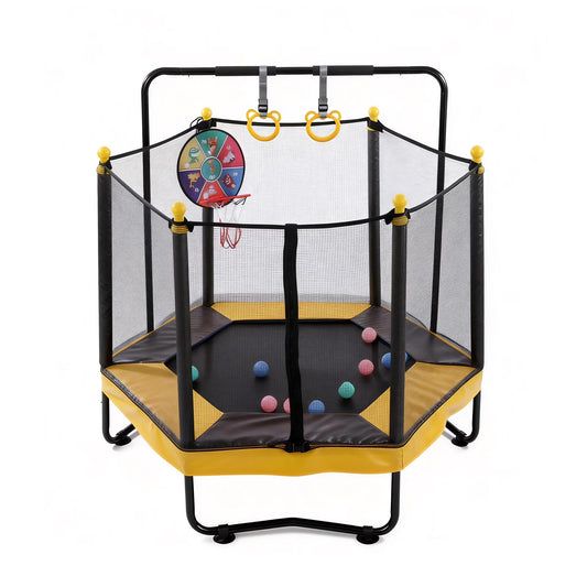 54" Toddler Trampoline for Kids with Basketball Hoop, SHINPT Indoor Outdoor Kids Trampoline with Enclosure Net, Basketball, Small Trampoline Gift for Boys Girls, Mini Trampoline for Kids