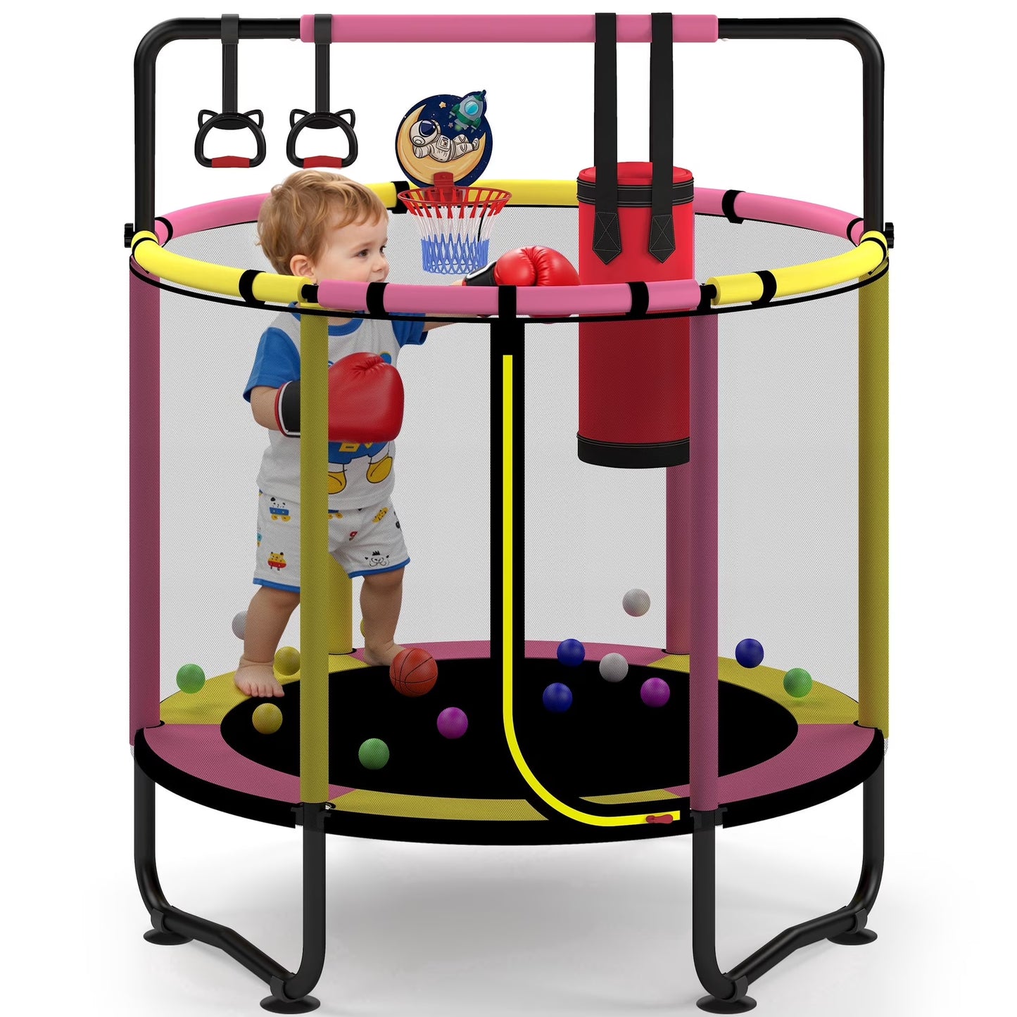 55” Toddler Trampoline for Kids with Enclosure, Kids Trampoline with Sandbag, SHINPT Indoor Trampoline, Small Trampolines for Kids, Mini Trampoline, Gifts for Boys, Girls, 110lbs Capacity