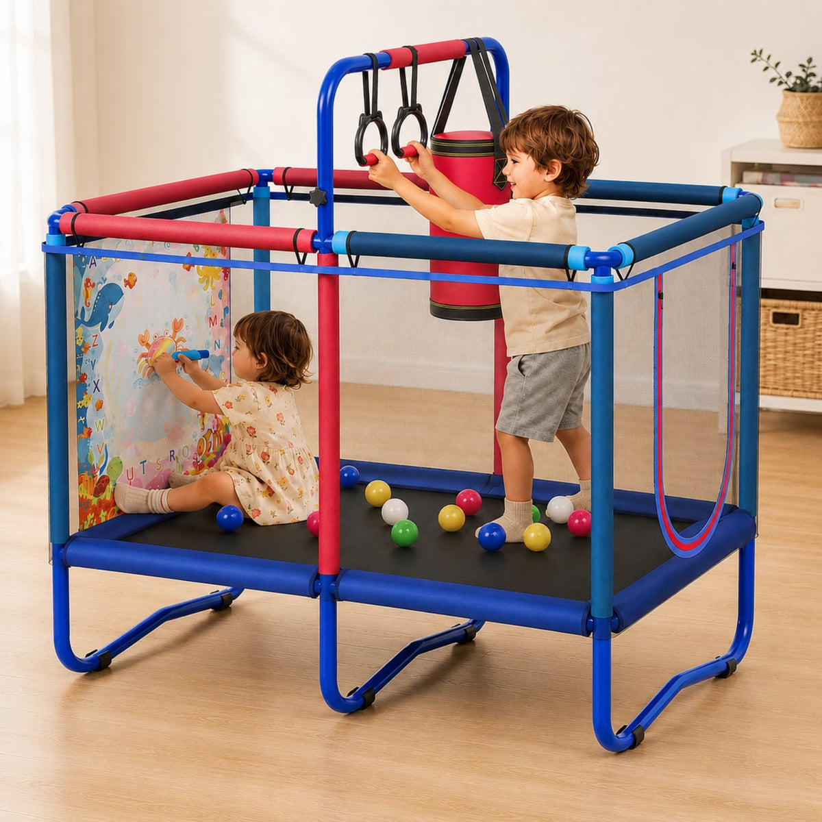 SHINPT 55" Trampoline for Kids with Enclosure & Water Doodle Mat, SHINPT Toddler Trampoline with Painting Writing Color Doodle Drawing Mat, Indoor & Outdoor Toddler Trampoline with Adjustable Gymnastics Bar