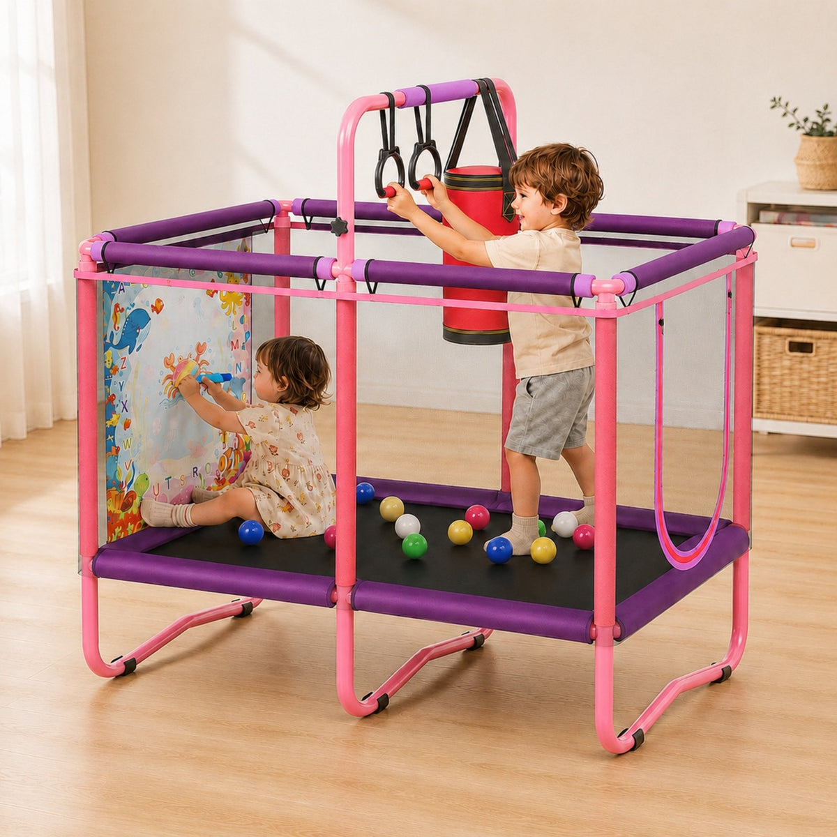 SHINPT 55" Trampoline for Kids with Enclosure & Water Doodle Mat, SHINPT Toddler Trampoline with Painting Writing Color Doodle Drawing Mat, Indoor & Outdoor Toddler Trampoline with Adjustable Gymnastics Bar