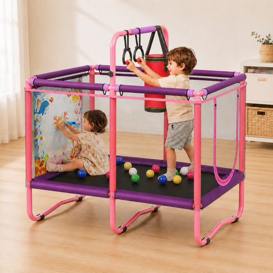 SHINPT 55" Trampoline for Kids with Enclosure & Water Doodle Mat, SHINPT Toddler Trampoline with Painting Writing Color Doodle Drawing Mat, Indoor & Outdoor Toddler Trampoline with Adjustable Gymnastics Bar
