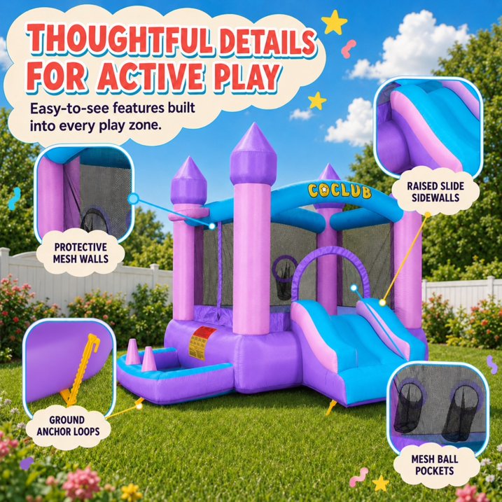 SHINPT Inflatable Bounce House for Kids, 6-in-1 Bounce House w/480W Air Blower, Indoor Outdoor Bouncy Castle Jump House w/Slide, Crawl-Thru Door & Net, Dartboard, Basketball Hoop, Football Goal