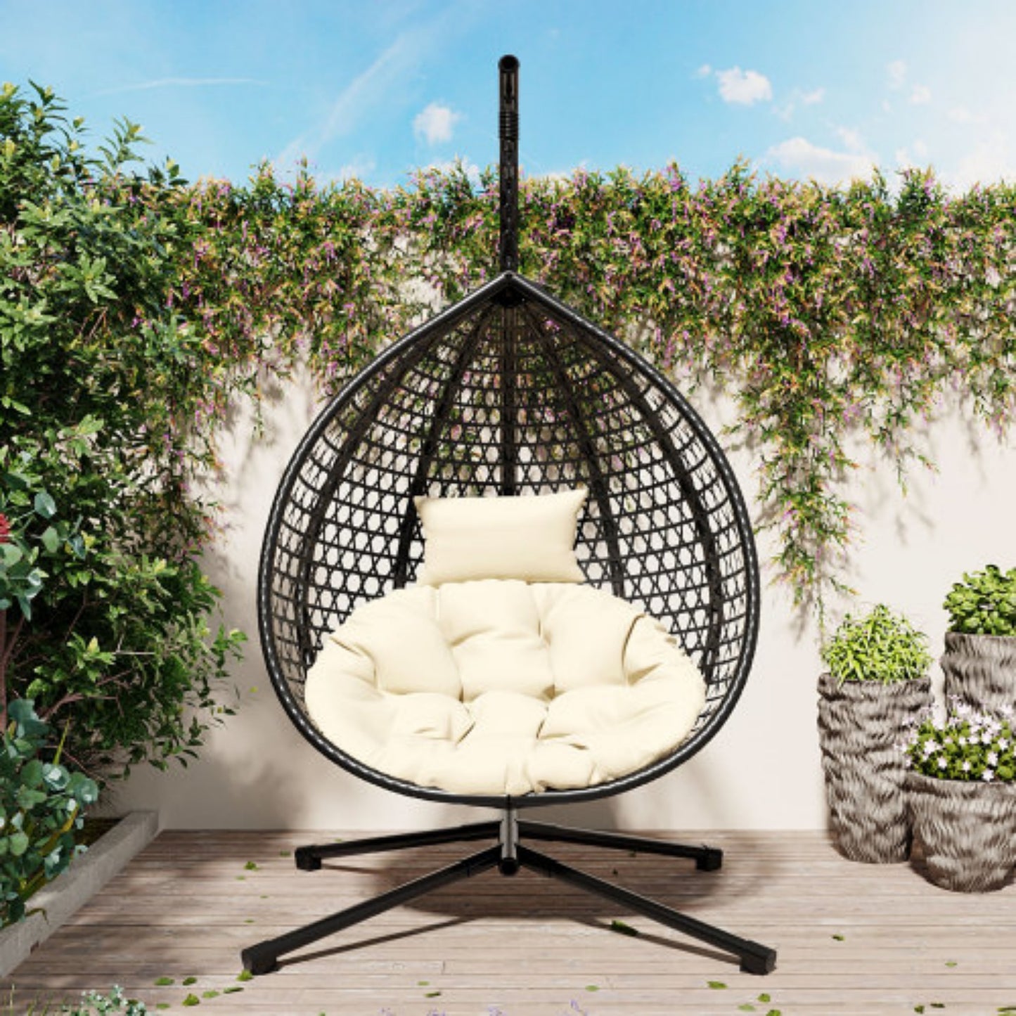 Egg Chair with Stand, Indoor/Outdoor Hanging Egg Chair with Removable & Washable Cushions, Hammock Rattan Swing Chair with 330 LBS Capacity for Bedroom, Balcony, Poolside, Garden, Backyard