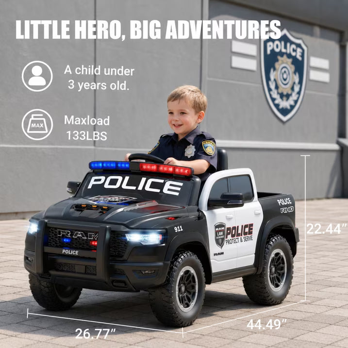 SHINPT Police Car Ride on, RAM1500 RHO Kids Electric Police Car with Parent Remote Control, 12V Powered Toddler Ride on Toy with Siren Lights, Single Seat, 1-3MPH Safe Speed for Boys Girls Ages 3-8