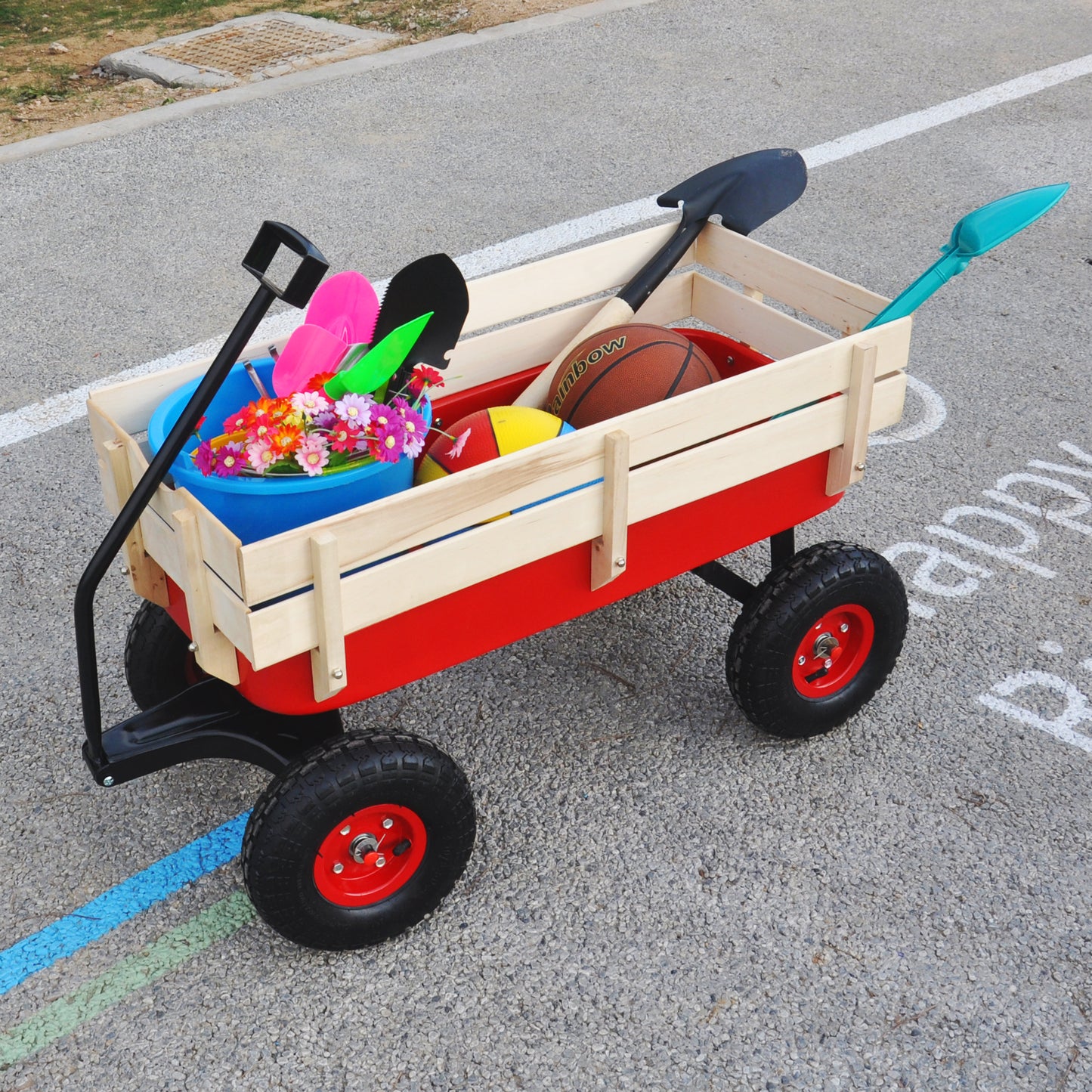 Heavy Duty Wagon with Handle, SHINPT Garden Cart and Wagon with Air Tires, Outdoor Gardening Cart with Wooden Side Panels, Utility Trailer with Metal Wheel Barrow, All Terrain Wagon for Yard, Lawn