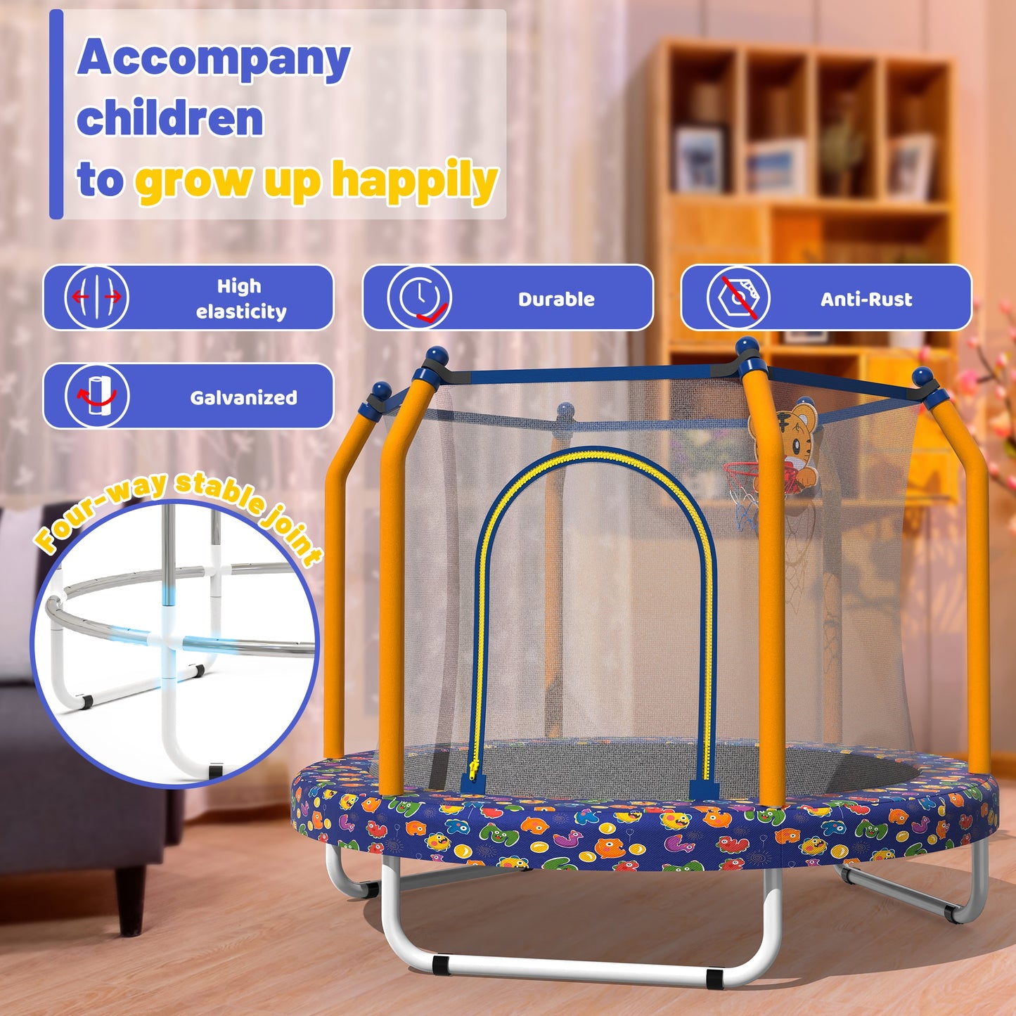 55" Toddler Trampoline Indoor/Outdoor for Kids, Shinpt Mini Trampoline for Backyard, Recreational Trampoline with Basketball Hoop, Outdoor Toddler Toy with Enclosure Net, Indoor Bounce House for Gift