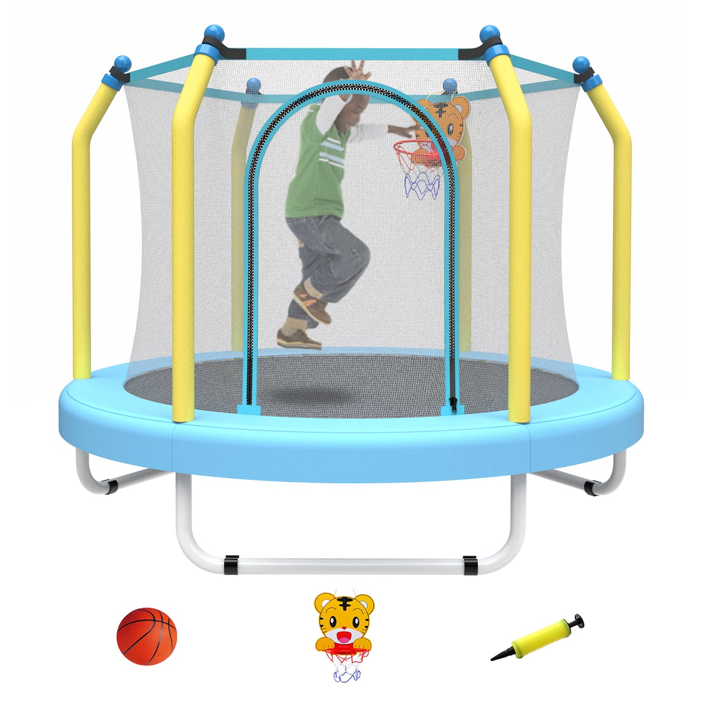 55" Toddler Trampoline Indoor/Outdoor for Kids, Shinpt Mini Trampoline for Backyard, Recreational Trampoline with Basketball Hoop, Outdoor Toddler Toy with Enclosure Net, Indoor Bounce House for Gift