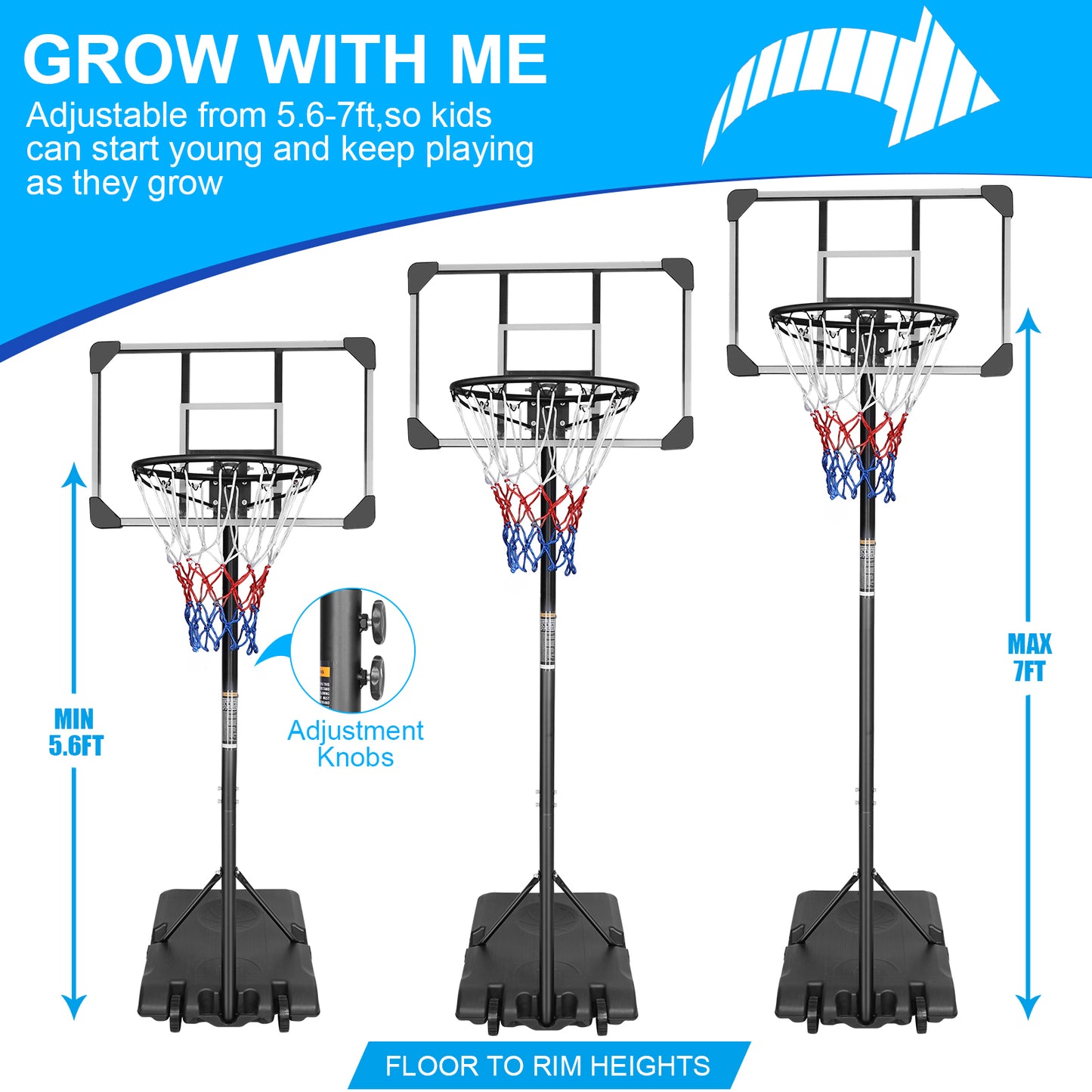 5.6FT-7FT Adjustable Basketball Hoop for Kids, SHINPT Portable Basketball Hoop Outdoor, Indoor&Outdoor Basketball Hoop with 28 Inch Backboard, Basketball Equipment with Stable Base and Wheels