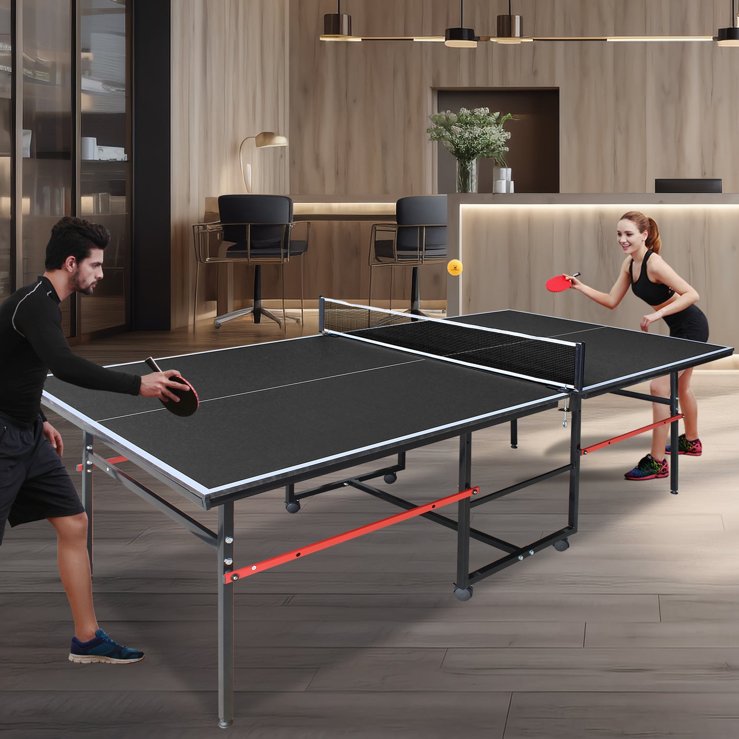 8FT Mid-Size Table Tennis Table, SHINPT Outdoor Table Tennis Table with 2 Table Tennis Paddles and 3 Balls, Foldable Ping Pong Table for Game room, Apartment, Office, Outside Games for Adults, Family