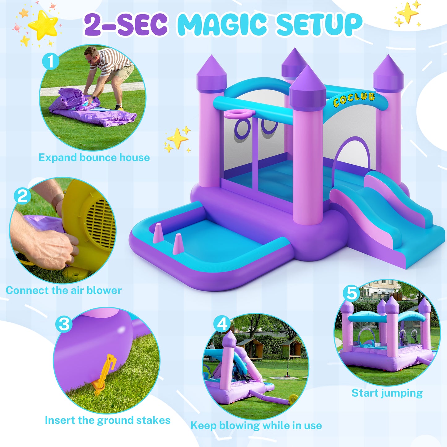 Bounce House for Kids 3-10 with Slide, SHINPT 6-in-1 Inflatable Bounce House for Indoor Outdoor Backyard, Quick Inflate Bouncy House with  Blower, 420D Oxford Bounce Castle for Birthday Party, Purple