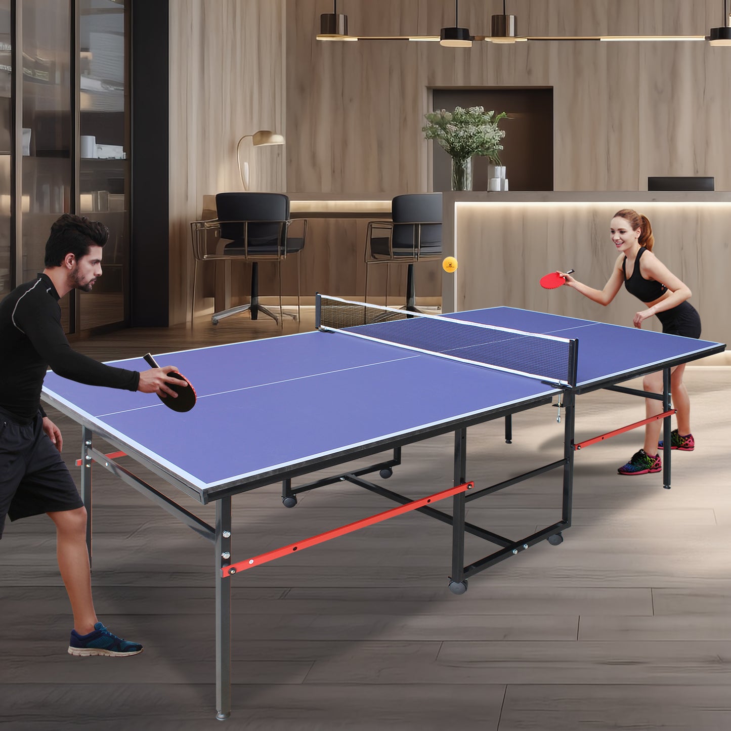 SHINPT Outdoor Ping Pong Table, 8ft Table Tennis Table for Family, Portable Ping Pong Table Set, Foldable Game Table with Net and 2 Ping Pong Paddles, Indoor & Outdoor Ping Pong Machine