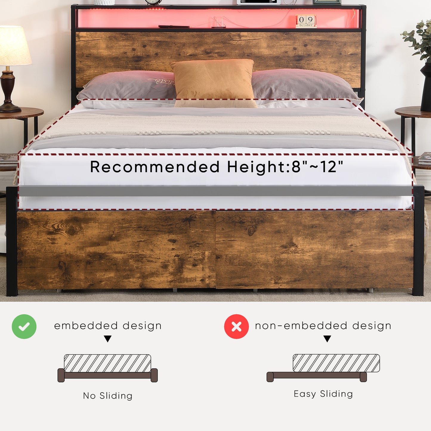 Full Size Bed Frame with Storage Headboard and 2 Drawers, SHINPT Metal Platform Bed with Charging Station, Bed Frame with Storage No Noise, Furniture for Bedroom with Strong Metal Slats Support