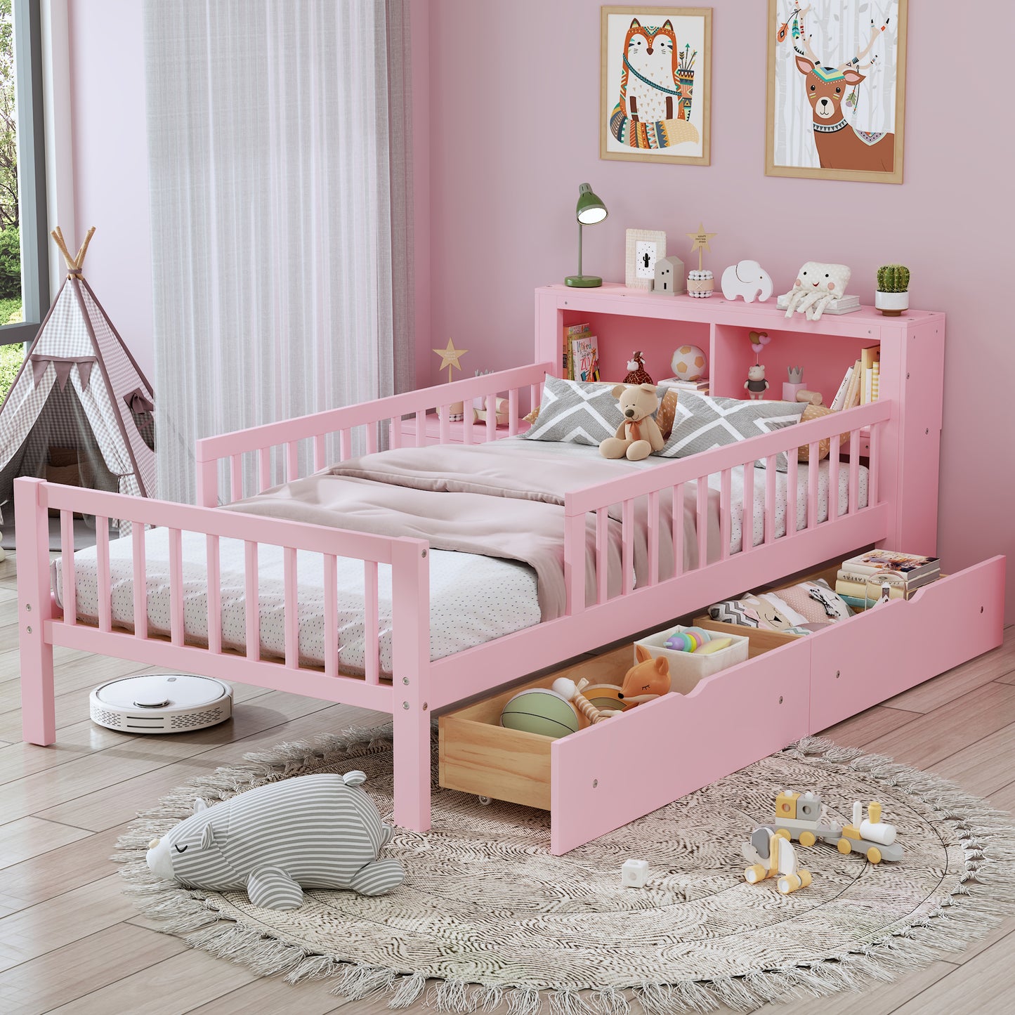 Twin Bed Frame for Kids, SHINPT Twin Size Bed Frame with Headboard Storage Rack, Storage Bed Frame with Two Under-Bed Drawers, Bed for Kids with three-Side Guardrails, White, Pink, Gray, Walnut