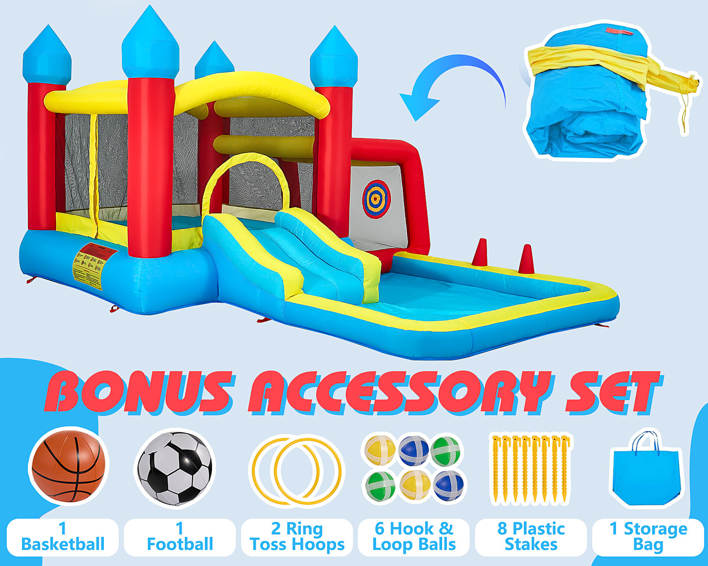 Inflatable Bounce House for Kids, Water Bounce House w/480W Air Blower, Indoor Outdoor Bouncy Castle Jump House w/Slide, Crawl-Thru Door & Net, Dartboard, Basketball Hoop, Football Goal