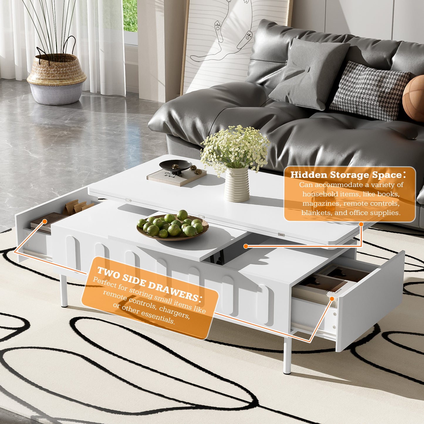 Lift Top Coffee Table with Drawers, SHINPT Extendable Coffee Table with Foldable Top, Multi-Functional Rectangle Coffee Table with Hidden Storage, Coffee Table with Lift Top for Living Room, Study