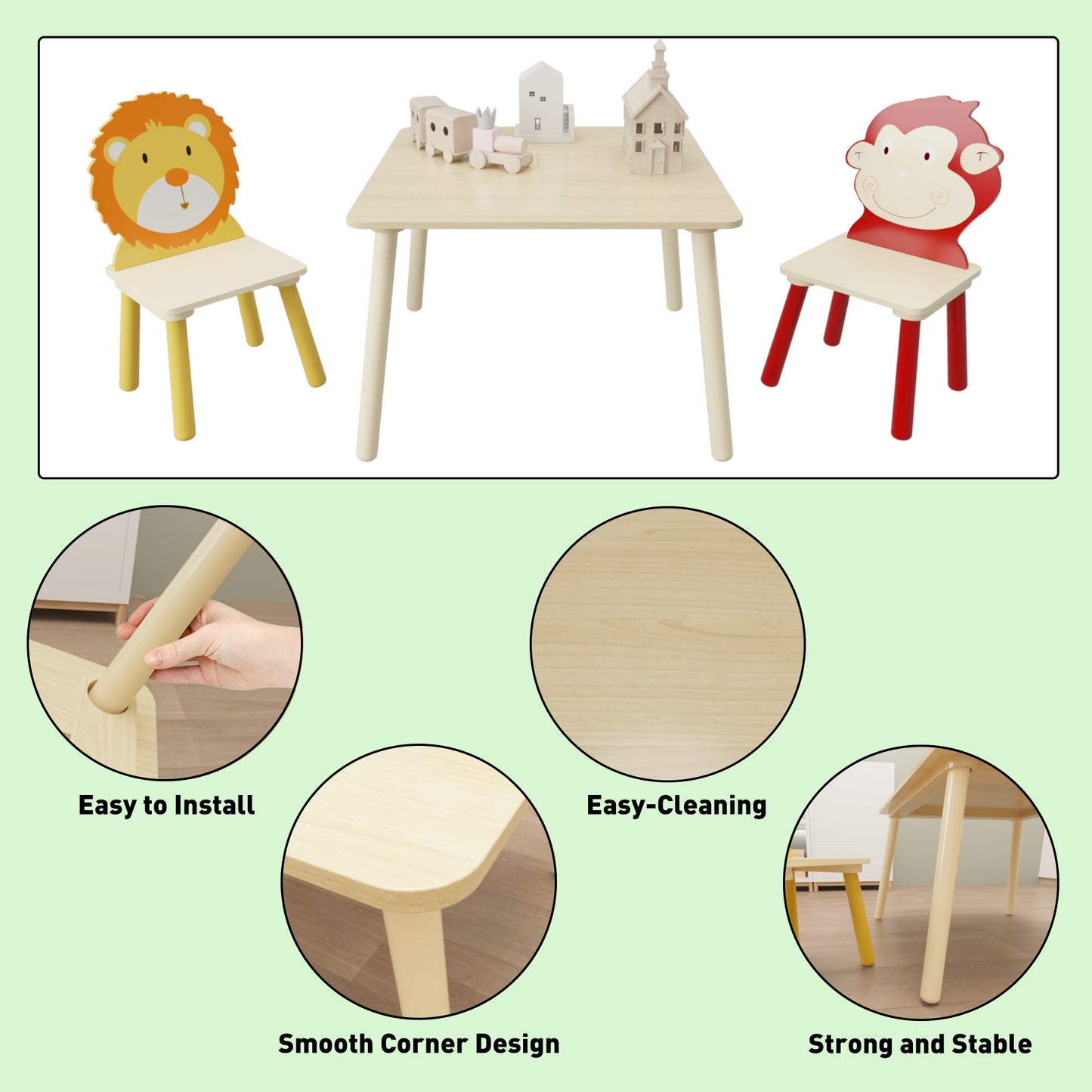Table and 2 Chairs for Kids 2-5, SHINPT Baby Table and Chair Set, 3 Pieces Toddler Play Table, Kids Art Table and Chair Set for Game Room, Children's Room, Wooden Activity Play Table Set for Gift