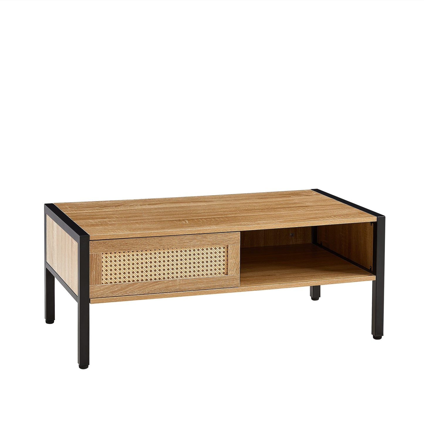 Rattan Coffee table with Metal Legs, SHINPT Mid Century Modern Coffee Table, Small Coffee Table Sliding Door for Storage, Couch Desk for Livingroom, Office Areas, Floor Table, Apartment Furniture