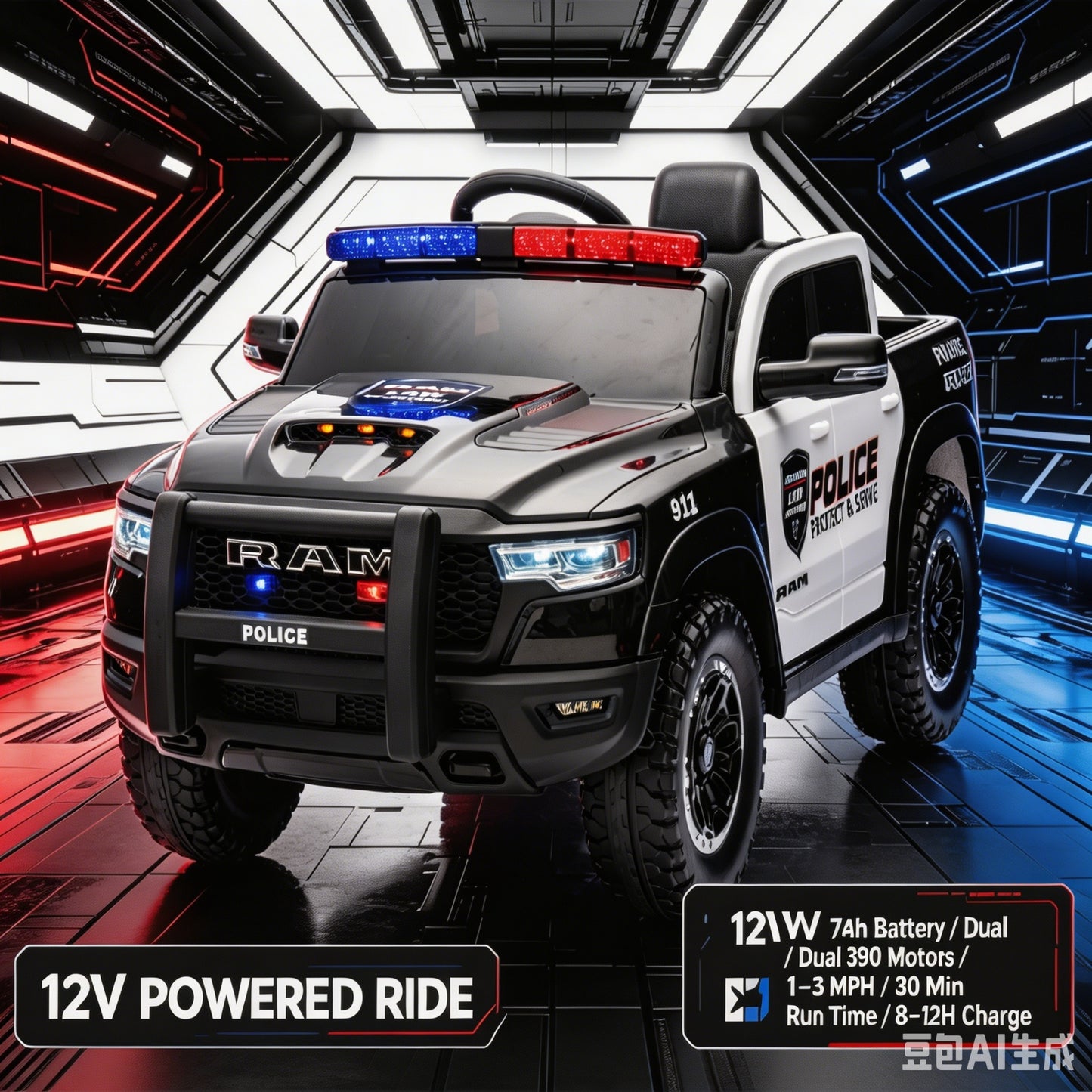 Police Car Ride on, SHINPT RAM1500 RHO Kids Electric Police Car with Parent Remote Control, 12V Powered Toddler Ride on Toy with Siren Lights, Single Seat, 1-3MPH Safe Speed for Boys Girls Ages 3-8